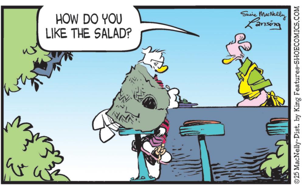 Bird OCR: HOW DO YOU LIKE THE SALAD? Susie MacNelly Lansing 3 B ©25 MacNelly-Dist. by King Features-SHOECOMICS.COM HOW DO YOU LIKE THE SALAD ? Susie MacNelly Lansing 3 B © 25 MacNelly - Dist . by King Features-SHOECOMICS.COM