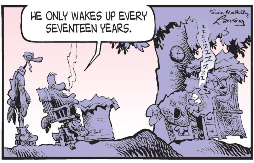 Animated cartoon OCR: NNNNNNN NNN HE ONLY WAKES UP EVERY SEVENTEEN YEARS. Susie MacNelly Lansing NNNNNNN NNN HE ONLY WAKES UP EVERY SEVENTEEN YEARS . Susie MacNelly Lansing