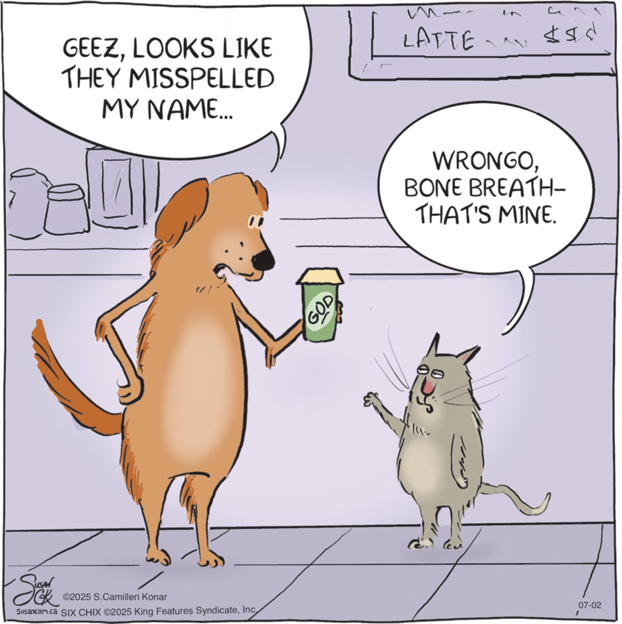 Animated cartoon OCR: GEEZLOOKS LIKE THEY MISSPELLED MY NAME... LATTE - ?? Id Se ©2025 S.Camilleri Konar Susancam.ca SIX CHIX 2025 King Features SyndicateGOD WRONGOBONE BREATH- THAT'S MINE. 00 07-02 I GEEZLOOKS LIKE THEY MISSPELLED MY NAME ... LATTE - ?? Id Se © 2025 S.Camilleri Konar Susancam.ca SIX CHIX 2025 King Features SyndicateGOD WRONGOBONE BREATH- THAT'S MINE . 00 07-02 I