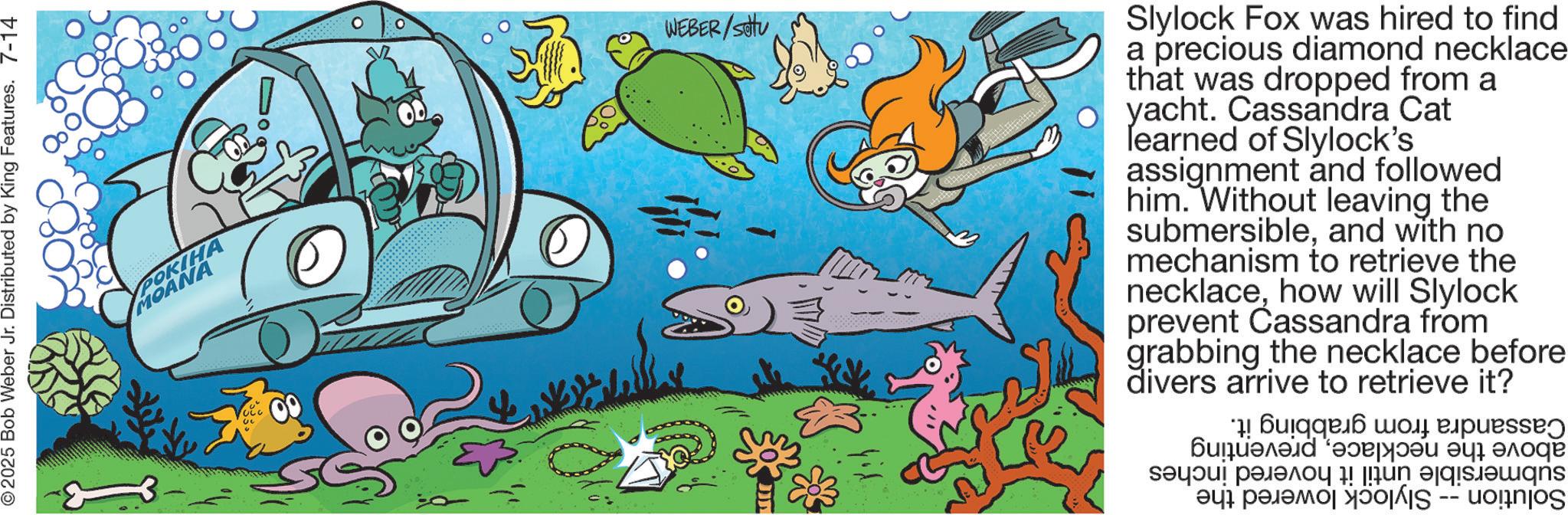 Kit car OCR: ©2025 Bob Weber Jr. Distributed by King Features. 7-14 POKIHA MOANA O WEBER/SOU Slylock Fox was hired to find a precious diamond necklace that was dropped from a yacht. Cassandra Cat learned of Slylock's assignment and followed him. Without leaving the submersibleand with no mechanism to retrieve the necklacehow will Slylock prevent Cassandra from grabbing the necklace before divers arrive to retrieve it? *! ???? ??? e.puesse ???????????? ?? ????? a pa ?? ??????? ?öòjójS -- uoinnjos © 2025 Bob Weber Jr. Distributed by King Features . 7-14 POKIHA MOANA O WEBER / SOU Slylock Fox was hired to find a precious diamond necklace that was dropped from a yacht . Cassandra Cat learned of Slylock's assignment and followed him . Without leaving the submersibleand with no mechanism to retrieve the necklacehow will Slylock prevent Cassandra from grabbing the necklace before divers arrive to retrieve it ? * ! ???? ??? e.puesse ???????????? ?? ????? a pa ?? ??????? ?öòjójS -- uoinnjos