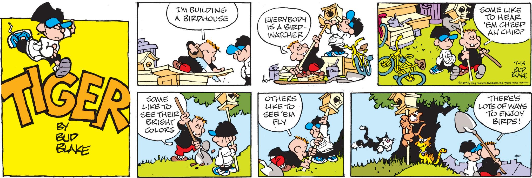 Publication OCR: I'M BUILDING A BIRDHOUSE EVERYBODY IS A BIRD- WATCHER TIGER BUD BLAKE T SOME LIKE TO SEE THEIR BRIGHT COLORS OTHERS LIKE TO SEE 'EM FLY SOME LIKE TO HEAR 'EM CHEEP AN' CHIRP 7-13 BUD BLAKE 1997 by King Features SyndicateInc. World rights reserved. THERE'S LOTS OF WAYS TO ENJOY BIRDS! I'M BUILDING A BIRDHOUSE EVERYBODY IS A BIRD- WATCHER TIGER BUD BLAKE T SOME LIKE TO SEE THEIR BRIGHT COLORS OTHERS LIKE TO SEE ' EM FLY SOME LIKE TO HEAR ' EM CHEEP AN ' CHIRP 7-13 BUD BLAKE 1997 by King Features SyndicateInc. World rights reserved . THERE'S LOTS OF WAYS TO ENJOY BIRDS !