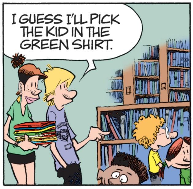 Child OCR: I GUESS I'LL PICK THE KID IN THE GREEN SHIRT. I GUESS I'LL PICK THE KID IN THE GREEN SHIRT .