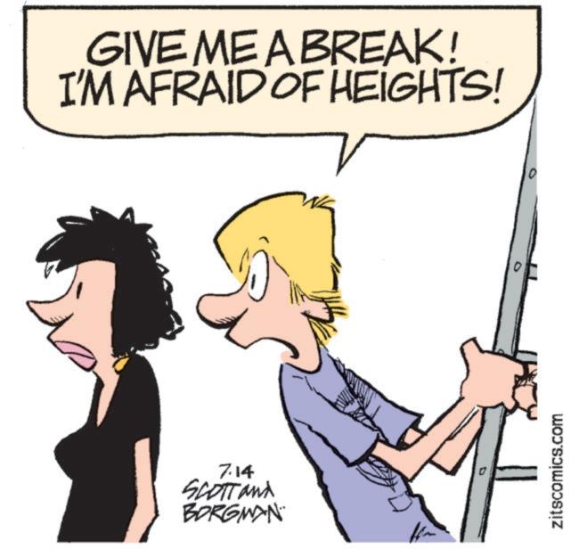 Photo caption OCR: GIVE ME A BREAK! I'M AFRAID OF HEIGHTS! 7.14 SCOTT and BORGMAN D D zitscomics.com GIVE ME A BREAK ! I'M AFRAID OF HEIGHTS ! 7.14 SCOTT and BORGMAN D D zitscomics.com