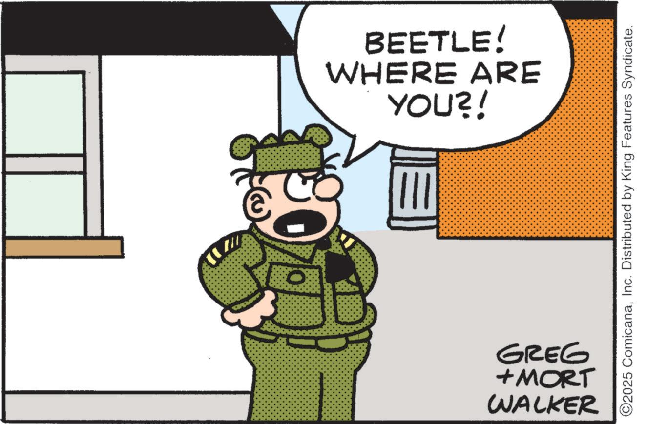 Police officer OCR: YOU?! WHERE ARE BEETLE! ©2025 ComicanaInc. Distributed by King Features Syndicate. WALKER +MORT GREG YOU ?! WHERE ARE BEETLE ! © 2025 ComicanaInc. Distributed by King Features Syndicate . WALKER + MORT GREG