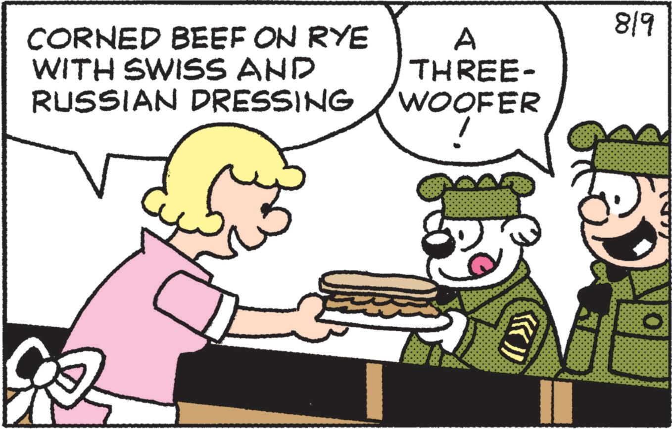Animated cartoon OCR: CORNED BEEF ON RYE WITH SWISS AND RUSSIAN DRESSING A THREE- WOOFER 8/9 }} CORNED BEEF ON RYE WITH SWISS AND RUSSIAN DRESSING A THREE- WOOFER 8/9 } }