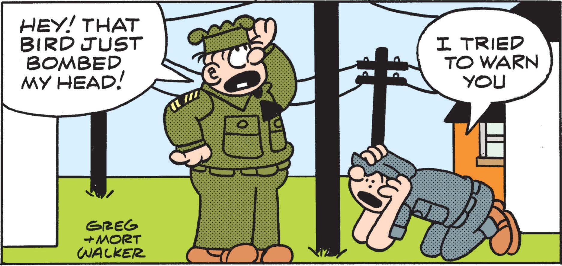Comic book OCR: HEY! THAT BIRD JUST BOMBED. MY HEAD! I TRIED TO WARN YOU GREG + MORT WALKER HEY ! THAT BIRD JUST BOMBED . MY HEAD ! I TRIED TO WARN YOU GREG + MORT WALKER