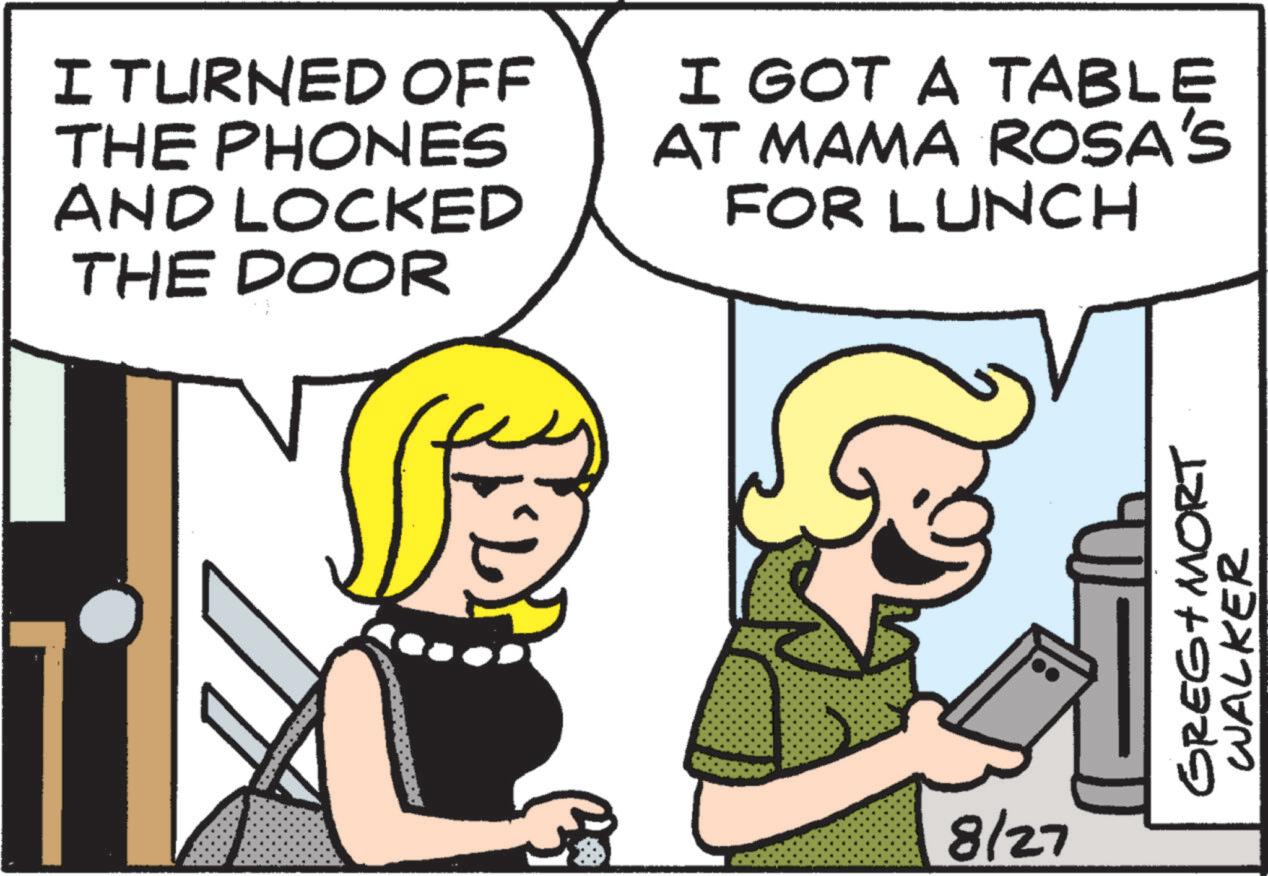 Animation OCR: I TURNED OFF THE PHONES AND LOCKED THE DOOR I GOT A TABLE AT MAMA ROSA'S FOR LUNCH 8/27 GREG+MORT WALKER I TURNED OFF THE PHONES AND LOCKED THE DOOR I GOT A TABLE AT MAMA ROSA'S FOR LUNCH 8/27 GREG + MORT WALKER