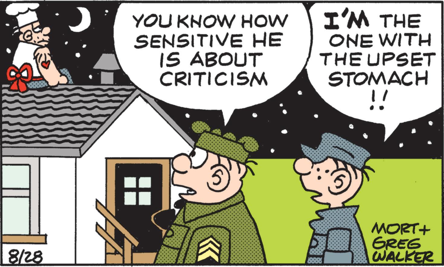 Pleased OCR: 8/28 ? YOU KNOW HOW SENSITIVE HE IS ABOUT CRITICISM I'M THE ONE WITH THE UPSET STOMACH !! MORT+ GREG WALKER 8/28 ? YOU KNOW HOW SENSITIVE HE IS ABOUT CRITICISM I'M THE ONE WITH THE UPSET STOMACH !! MORT + GREG WALKER
