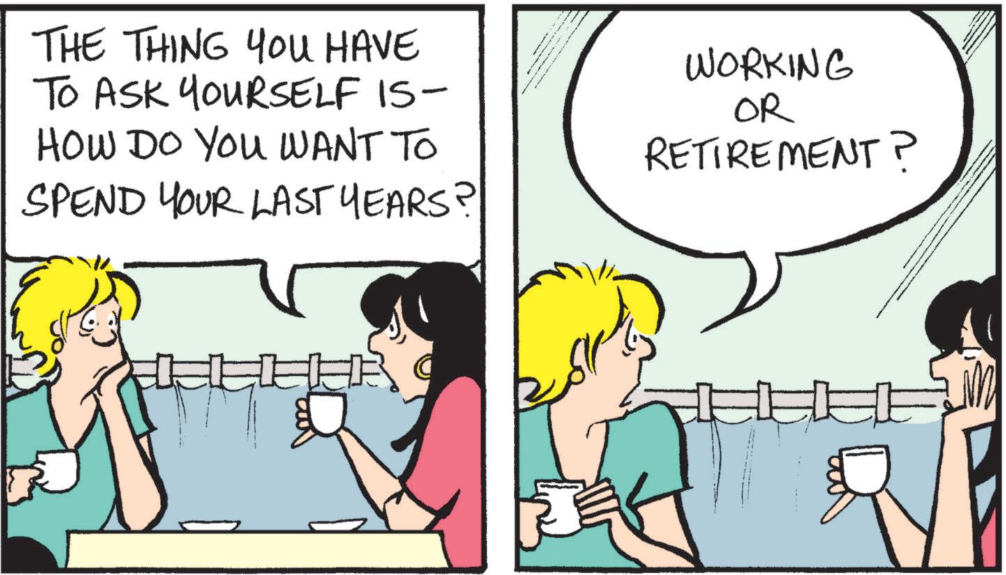 Animation OCR: THE THING YOU HAVE TO ASK YOURSELF IS- HOW DO YOU WANT TO SPEND YOUR LAST YEARS? WORKING OR RETIREMENT? ELEER THE THING YOU HAVE TO ASK YOURSELF IS- HOW DO YOU WANT TO SPEND YOUR LAST YEARS ? WORKING OR RETIREMENT ? ELEER