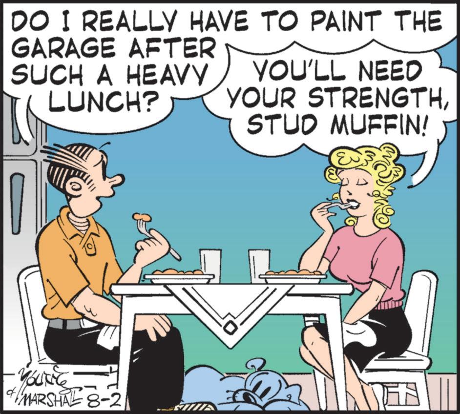 Graphics OCR: DO I REALLY HAVE TO PAINT THE GARAGE AFTER SUCH A HEAVY LUNCH? YOU'LL NEED YOUR STRENGTHSTUD MUFFIN! ? YOURE // MARSHALL 8-21 DO I REALLY HAVE TO PAINT THE GARAGE AFTER SUCH A HEAVY LUNCH ? YOU'LL NEED YOUR STRENGTHSTUD MUFFIN ! ? YOURE // MARSHALL 8-21