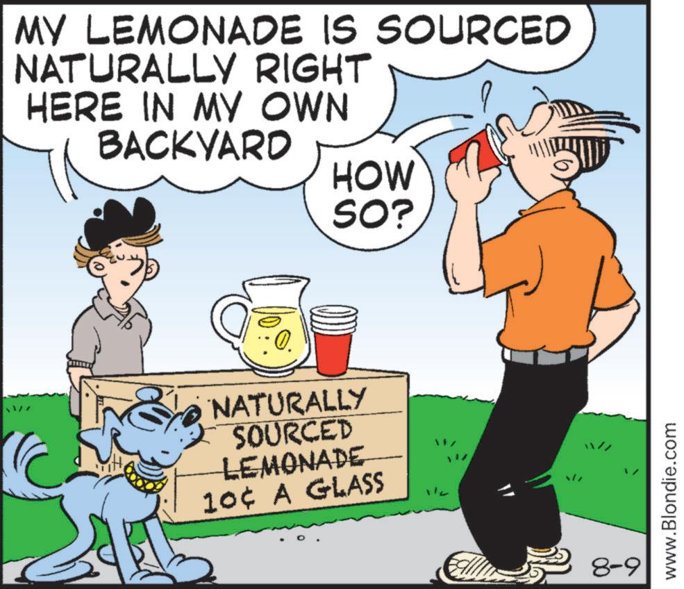 Animation OCR: MY LEMONADE IS SOURCED NATURALLY RIGHT HERE IN MY OWN BACKYARD NATURALLY SOURCED LEMONADE 10¢ A GLASS HOW SO? 8-9 www.Blondie.com MY LEMONADE IS SOURCED NATURALLY RIGHT HERE IN MY OWN BACKYARD NATURALLY SOURCED LEMONADE 10 ¢ A GLASS HOW SO ? 8-9 www.Blondie.com