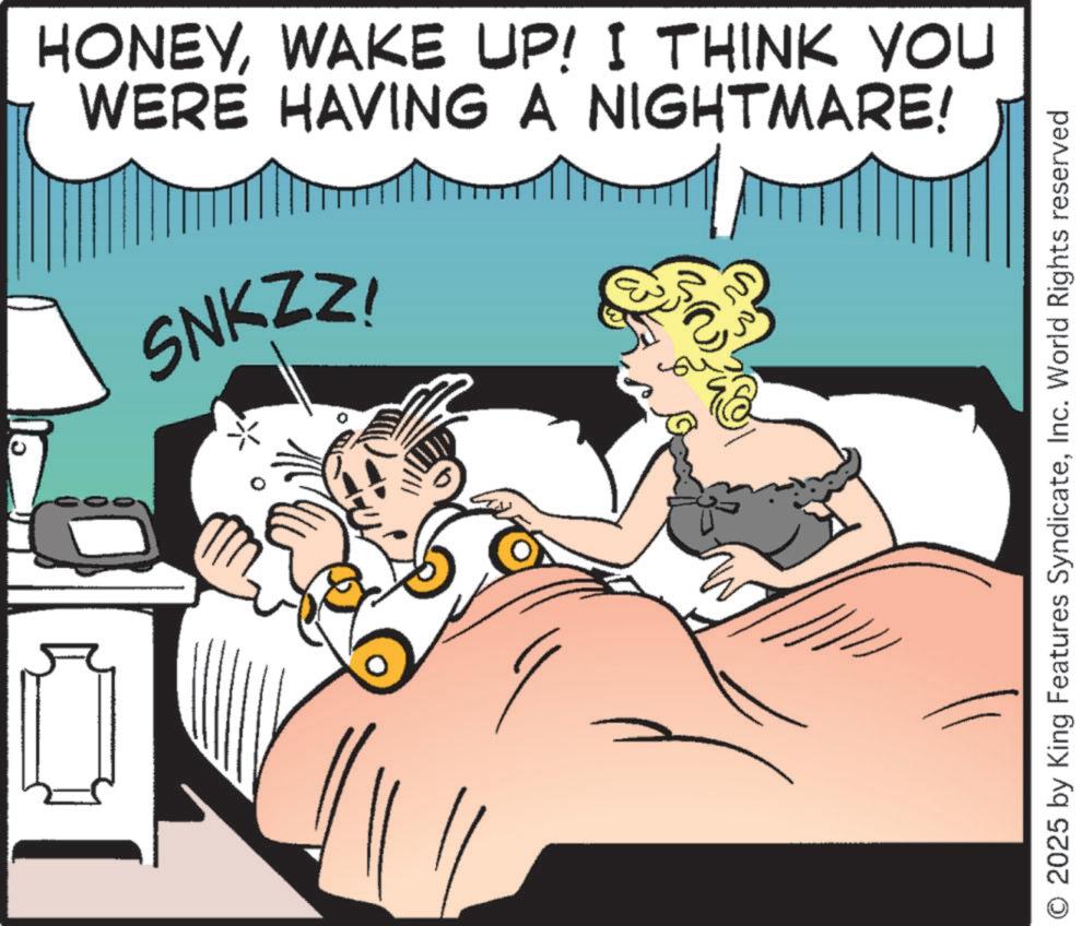 Photo caption OCR: HONEYWAKE UP! I THINK YOU WERE HAVING A NIGHTMARE! SNKZZ! O 2025 by King Features SyndicateInc. World Rights reserved HONEYWAKE UP ! I THINK YOU WERE HAVING A NIGHTMARE ! SNKZZ ! O 2025 by King Features SyndicateInc. World Rights reserved