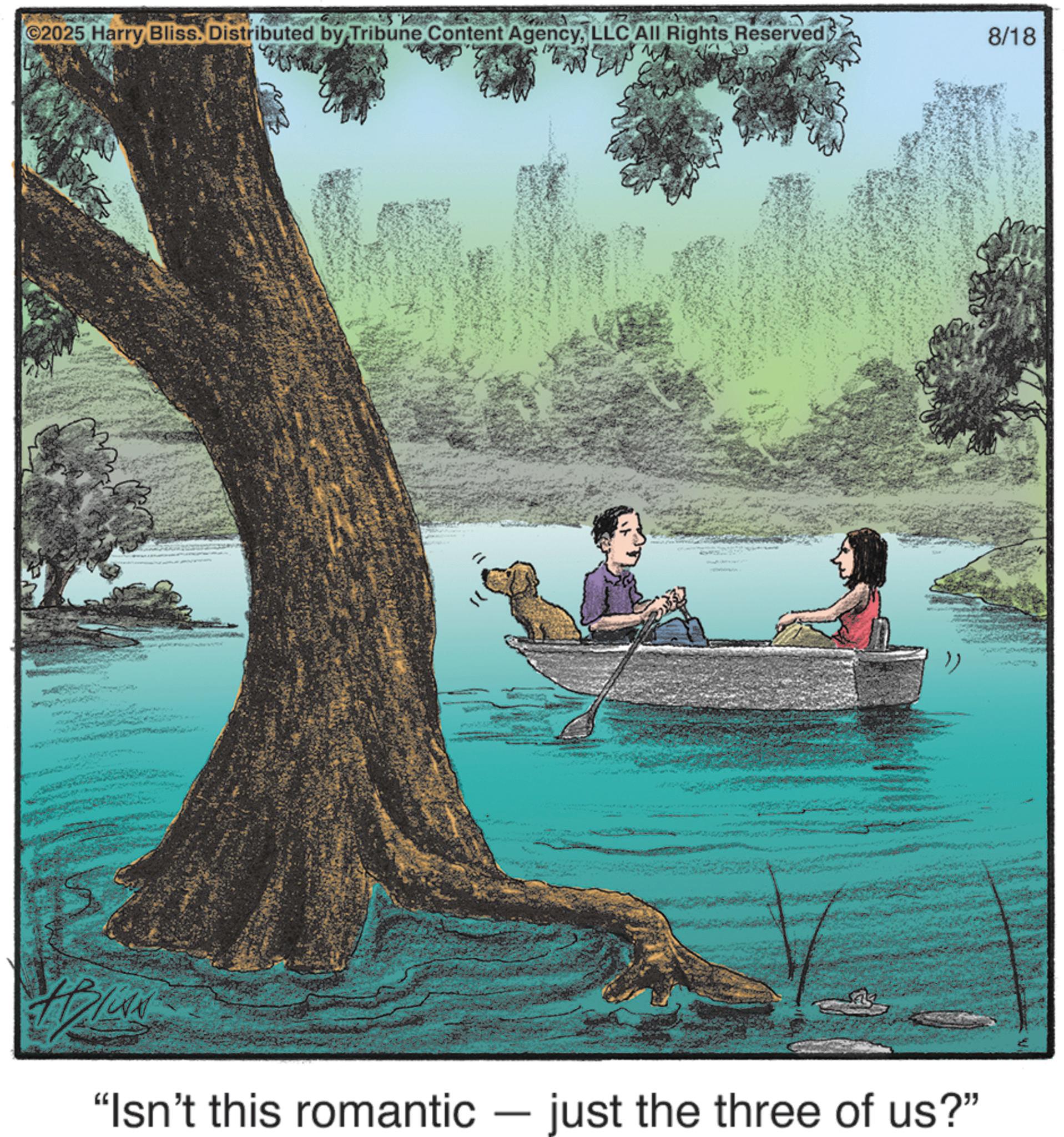 Boats and boating--Equipment and supplies OCR: ©2025 Harry Bliss. Distributed by Tribune Content AgencyLLC All Rights Reserved> 8/18 "Isn't this romantic-just the three of us?" © 2025 Harry Bliss . Distributed by Tribune Content AgencyLLC All Rights Reserved > 8/18 " Isn't this romantic - just the three of us ? "