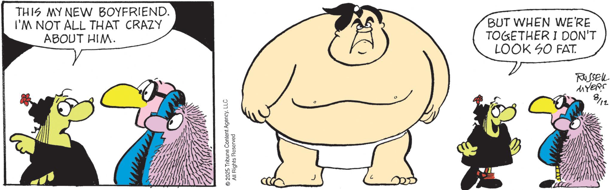 Graphics OCR: THIS MY NEW BOYFRIEND. I'M NOT ALL THAT CRAZY ABOUT HIM. 2025 Tribune Content Agency. LLC All Rights Reserved BUT WHEN WE'RE TOGETHER I DON'T LOOK SO FAT. RUSSELL MYERS 8112 THIS MY NEW BOYFRIEND . I'M NOT ALL THAT CRAZY ABOUT HIM . 2025 Tribune Content Agency . LLC All Rights Reserved BUT WHEN WE'RE TOGETHER I DON'T LOOK SO FAT . RUSSELL MYERS 8112