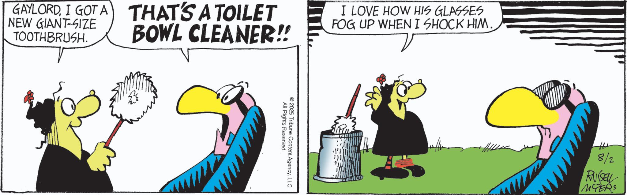 Fictional character OCR: GAYLORDI GOT A THAT'S A TOILET NEW GIANT-SIZE TOOTHBRUSH. BOWL CLEANER!! I LOVE HOW HIS GLASSES FOG UP WHEN I SHOCK HIM. All Rights Reserved 2025 Tribune Content AgencyLLC 8/2 RUSEL MCTERS GAYLORDI GOT A THAT'S A TOILET NEW GIANT - SIZE TOOTHBRUSH . BOWL CLEANER !! I LOVE HOW HIS GLASSES FOG UP WHEN I SHOCK HIM . All Rights Reserved 2025 Tribune Content AgencyLLC 8/2 RUSEL MCTERS