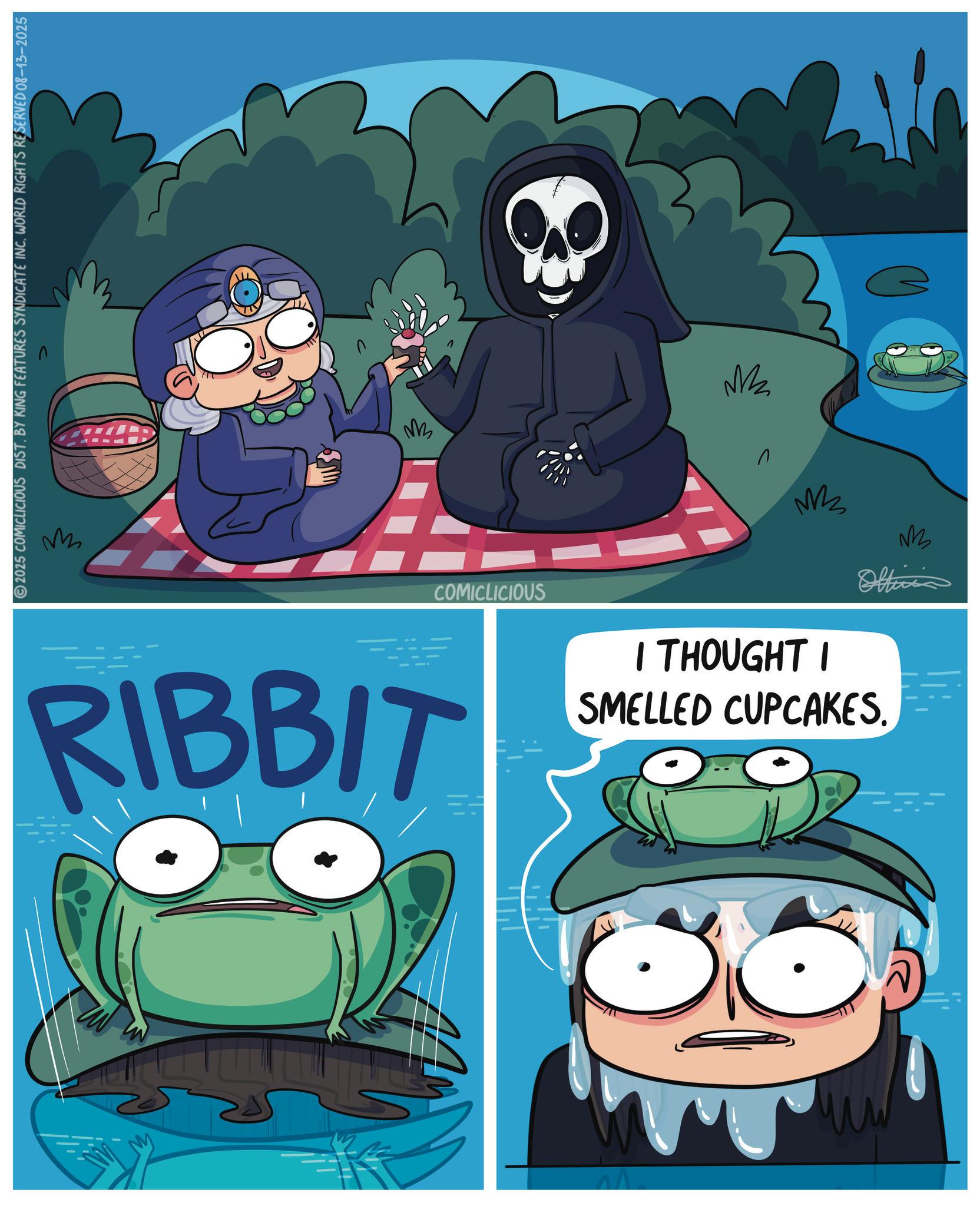 Publication OCR: RIBBIT COMICLICIOUS Oltinis SMELLED CUPCAKES. I THOUGHT I EN MB ZW ???? ?? 2025 COMICLICIOUS DIST. BY KING FEATURES SYNDICATE INC. WORLD RIGHTS RESERVED 08-13-2025 RIBBIT COMICLICIOUS Oltinis SMELLED CUPCAKES . I THOUGHT I EN MB ZW ???? ?? 2025 COMICLICIOUS DIST . BY KING FEATURES SYNDICATE INC . WORLD RIGHTS RESERVED 08-13-2025