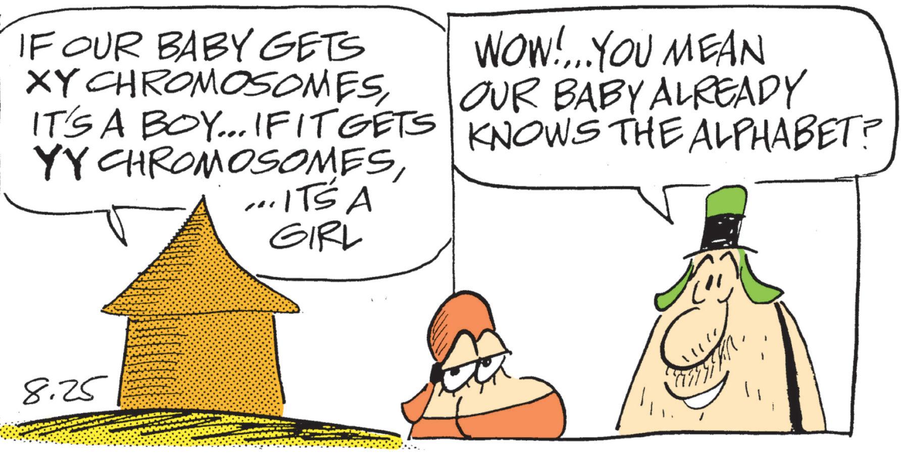 Photo caption OCR: IF OUR BABY GETS XY CHROMOSOMESIT'S A BOY... IFITGETS YY CHROMOSOMES...ITS A GIRL WOW!... YOU MEAN OUR BABY ALREADY KNOWS THE ALPHABET? 8.25 IF OUR BABY GETS XY CHROMOSOMESIT'S A BOY ... IFITGETS YY CHROMOSOMES... ITS A GIRL WOW ! ... YOU MEAN OUR BABY ALREADY KNOWS THE ALPHABET ? 8.25