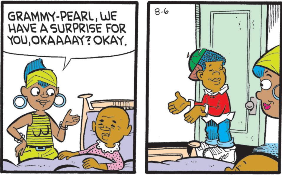 Fictional character OCR: GRAMMY-PEARLWE HAVE A SURPRISE FOR YOUOKAAAAY? OKAY. 8-6 GRAMMY - PEARLWE HAVE A SURPRISE FOR YOUOKAAAAY ? OKAY . 8-6