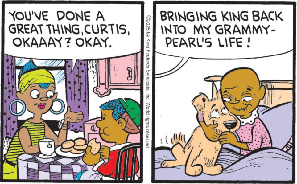 Happiness OCR: BRINGING KING BACK INTO MY GRAMMY- PEARL'S LIFE! O2025 by King Features SyndicateInc. World rights reserved. YOU'VE DONE A GREAT THINGOKAAAY? OKAY. } BRINGING KING BACK INTO MY GRAMMY- PEARL'S LIFE ! O2025 by King Features SyndicateInc. World rights reserved . YOU'VE DONE A GREAT THINGOKAAAY ? OKAY . }