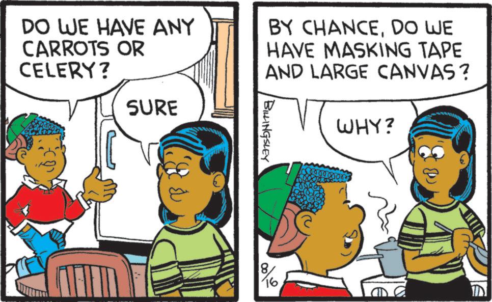 Comic book OCR: DO WE HAVE ANY CARROTS OR CELERY? SURE BY CHANCEDO WE HAVE MASKING TAPE AND LARGE CANVAS? BILLINGSLEY WHY? 8 76 O DO WE HAVE ANY CARROTS OR CELERY ? SURE BY CHANCEDO WE HAVE MASKING TAPE AND LARGE CANVAS ? BILLINGSLEY WHY ? 8 76 O