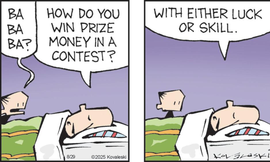 Clip art OCR: BA HOW DO YOU BA BAP WIN PRIZE WITH EITHER LUCK OR SKILL. MONEY IN A CONTEST? 8/29 ©2025 Kovaleski Kor Braski BA HOW DO YOU BA BAP WIN PRIZE WITH EITHER LUCK OR SKILL . MONEY IN A CONTEST ? 8/29 © 2025 Kovaleski Kor Braski