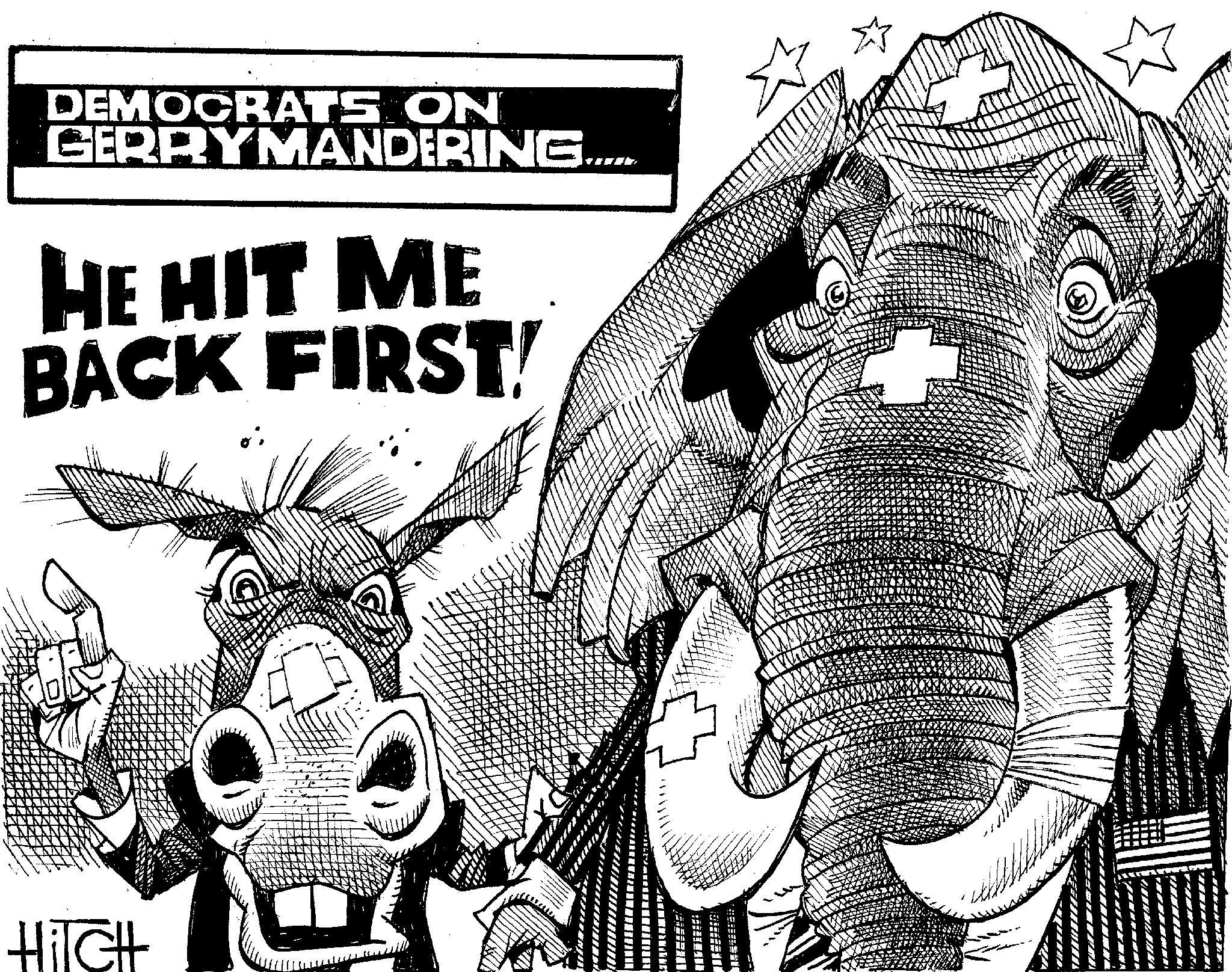 Animated cartoon OCR: DEMOCRATS ON GERRYMANDERING...... HE HIT ME BACK FIRST! HiTCH DEMOCRATS ON GERRYMANDERING ...... HE HIT ME BACK FIRST ! HiTCH