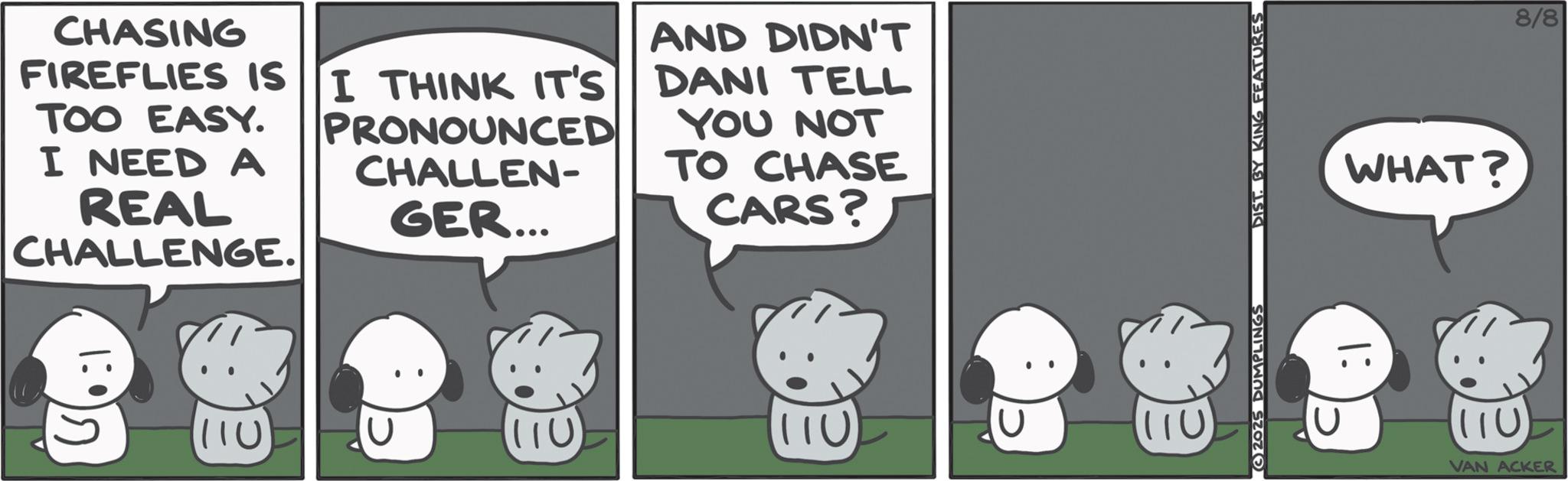 Fictional character OCR: CHASING FIREFLIES IS I THINK IT'S TOO EASY. I NEED A REAL CHALLENGE. PRONOUNCED CHALLEN- GER... AND DIDN'T DANI TELL YOU NOT TO CHASE CARS? 1:02 110 (110) 2025 DUMPLINGS DIST. BY KING FEATURES 110 8/8 WHAT? |: VAN ACKER CHASING FIREFLIES IS I THINK IT'S TOO EASY . I NEED A REAL CHALLENGE . PRONOUNCED CHALLEN- GER ... AND DIDN'T DANI TELL YOU NOT TO CHASE CARS ? 1:02 110 ( 110 ) 2025 DUMPLINGS DIST . BY KING FEATURES 110 8/8 WHAT ? | : VAN ACKER