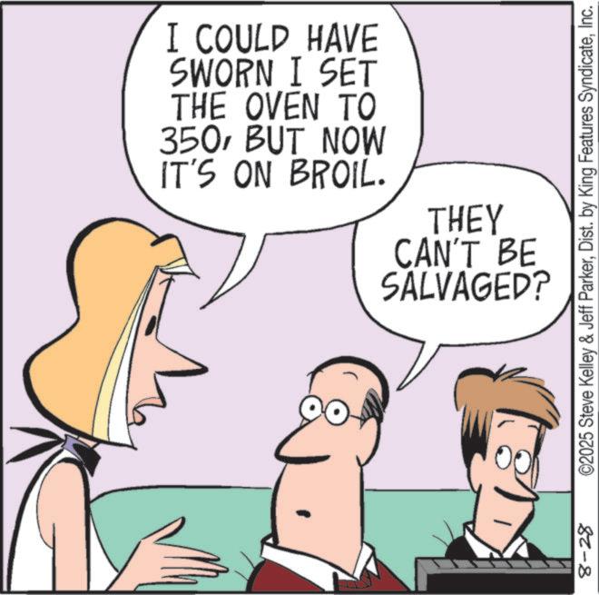 Graphics OCR: 8-28 I COULD HAVE SWORN I SET THE OVEN TO 350BUT NOW IT'S ON BROIL. THEY CAN'T BE SALVAGED? ©2025 Steve Kelley & Jeff ParkerInc. 8-28 I COULD HAVE SWORN I SET THE OVEN TO 350BUT NOW IT'S ON BROIL . THEY CAN'T BE SALVAGED ? © 2025 Steve Kelley & Jeff ParkerDist . by King Features Syndicate