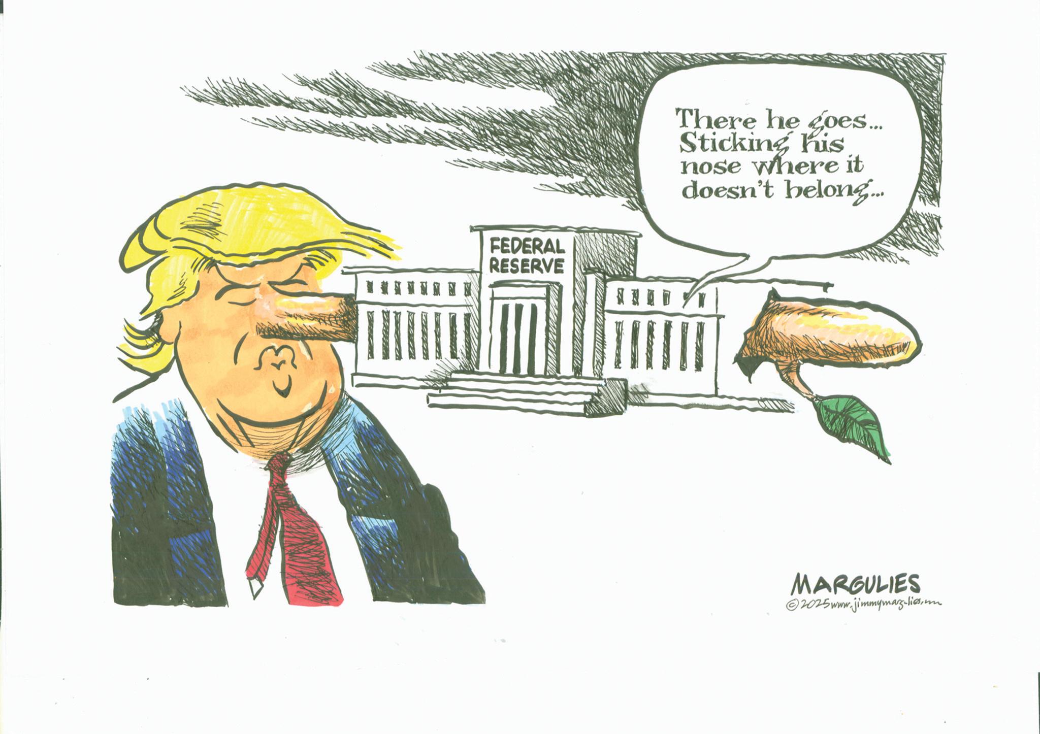 Animated cartoon OCR: FEDERAL RESERVE There he goes... Sticking his nose where it doesn't belong... MARGULIES 2025www.jimmymarg-lies. FEDERAL RESERVE There he goes ... Sticking his nose where it doesn't belong ... MARGULIES 2025www.jimmymarg - lies .