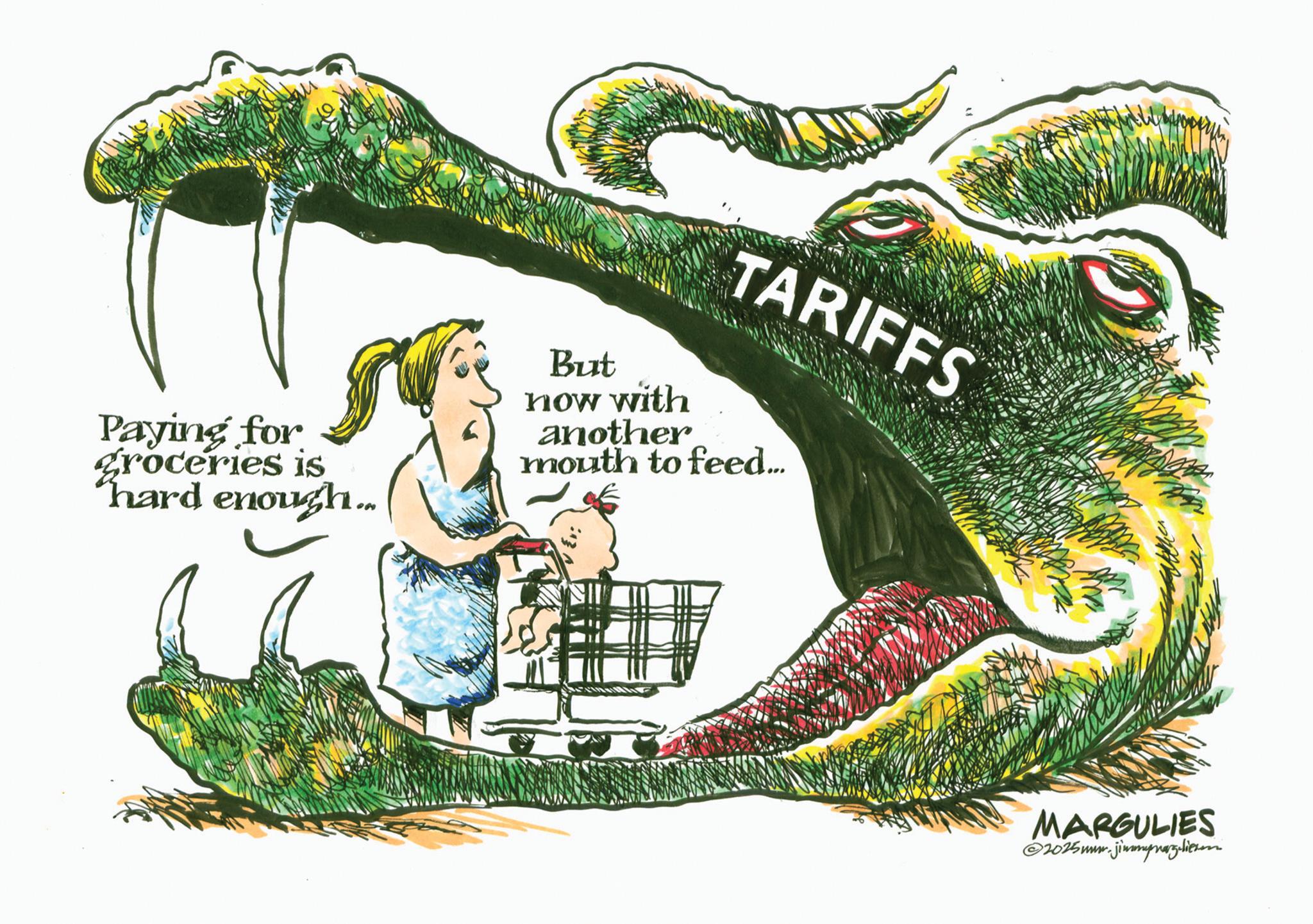 Poster OCR: TARIFFS Paying for groceries is hard enough.. But now with another mouth to feed... MARGULIES ©2025mm.jimmyazilien TARIFFS Paying for groceries is hard enough .. But now with another mouth to feed ... MARGULIES © 2025mm.jimmyazilien