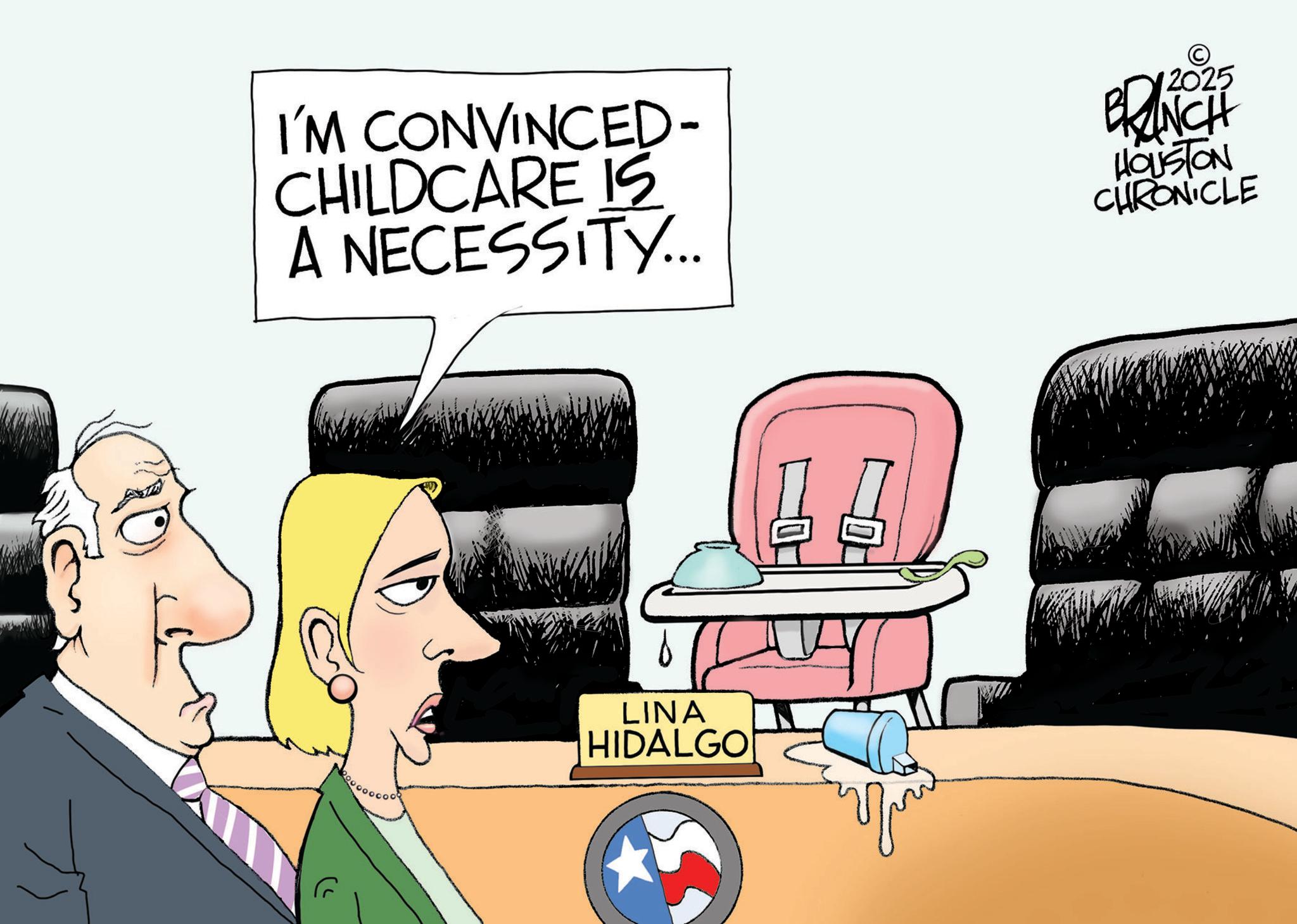 Clip art OCR: I'M CONVINCED- CHILDCARE IS A NECESSITY... © 2025 BRANCH HOUSTON CHRONICLE LINA HIDALGO I'M CONVINCED- CHILDCARE IS A NECESSITY ... © 2025 BRANCH HOUSTON CHRONICLE LINA HIDALGO