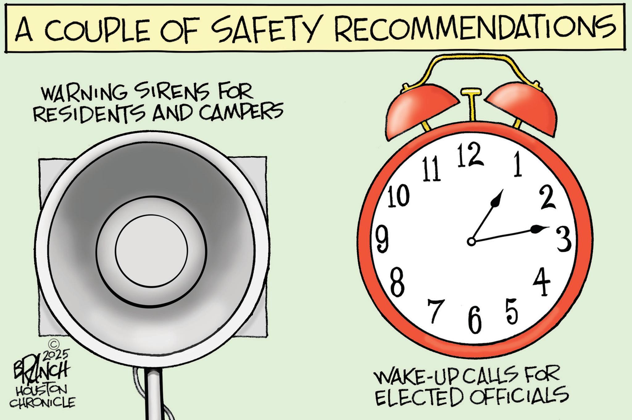 Photo caption OCR: A COUPLE OF SAFETY RECOMMENDATIONS WARNING SIRENS FOR RESIDENTS AND CAMPERS 12 11 1 9 10 2 3 8 4 7 6 5 2025 BRANCH HOUSTON CHRONICLE WAKE-UP CALLS FOR ELECTED OFFICIALS A COUPLE OF SAFETY RECOMMENDATIONS WARNING SIRENS FOR RESIDENTS AND CAMPERS 12 11 1 9 10 2 3 8 4 7 6 5 2025 BRANCH HOUSTON CHRONICLE WAKE - UP CALLS FOR ELECTED OFFICIALS