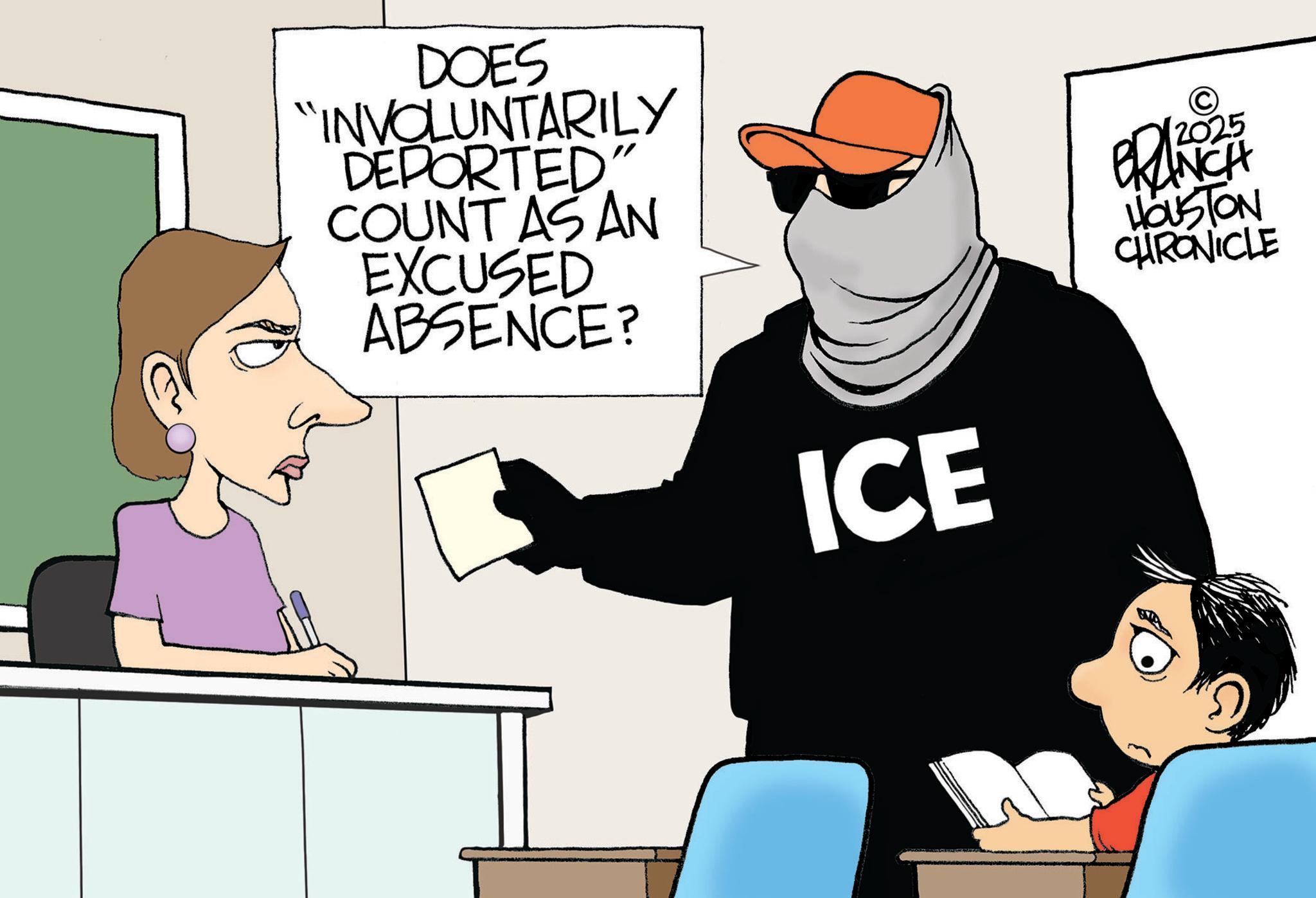 Graphics OCR: DOES "INVOLUNTARILY DEPORTED" COUNT AS AN EXCUSED ABSENCE? © 2025 BRAN ANCH HOUSTON CHRONICLE ICE DOES " INVOLUNTARILY DEPORTED " COUNT AS AN EXCUSED ABSENCE ? © 2025 BRAN ANCH HOUSTON CHRONICLE ICE