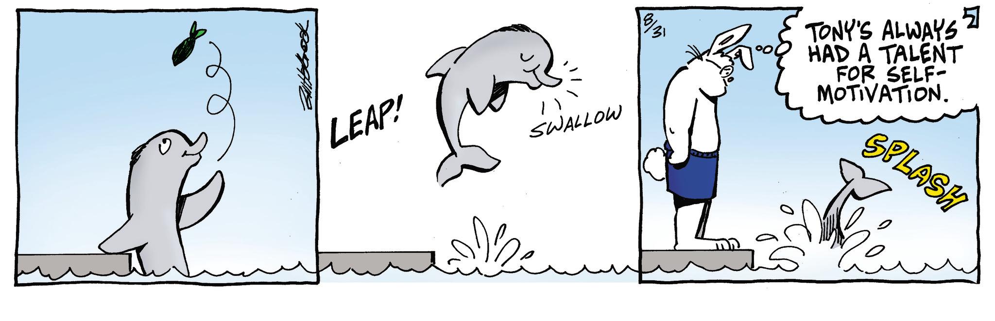 Animation OCR: ? LEAP! " SWALLOW TONY'S ALWAYS HAD A TALENT FOR SELF- MOTIVATION. ??? SPLASH ? LEAP ! " SWALLOW TONY'S ALWAYS HAD A TALENT FOR SELF- MOTIVATION . ??? SPLASH