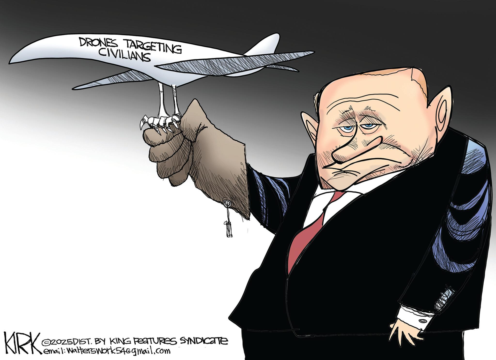 Businessperson OCR: DRONES TARGETING CIVILIANS KRK ©2025DIST. BY KING FEATURES SYNDICATE email: Walterswork546gmail.com DRONES TARGETING CIVILIANS KRK © 2025DIST . BY KING FEATURES SYNDICATE email : Walterswork546gmail.com