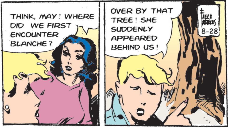 Conversation OCR: THINKMAY! WHERE DID WE FIRST ENCOUNTER OVER BY THAT TREE! SHE SUDDENLY BLANCHE? APPEARED BEHIND US! TALKI 8-28 THINKMAY ! WHERE DID WE FIRST ENCOUNTER OVER BY THAT TREE ! SHE SUDDENLY BLANCHE ? APPEARED BEHIND US ! TALKI 8-28