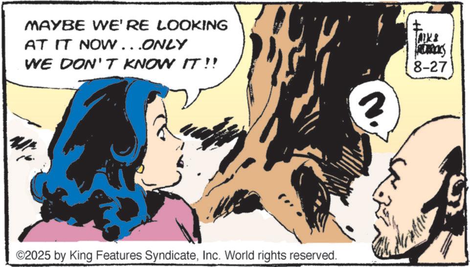 Animated cartoon OCR: MAYBE WE'RE LOOKING AT IT NOW...ONLY WE DON'T KNOW IT!! ©2025 by King Features SyndicateInc. World rights reserved. 2 FORE RECARIOS 8-27 MAYBE WE'RE LOOKING AT IT NOW ... ONLY WE DON'T KNOW IT !! © 2025 by King Features SyndicateInc. World rights reserved . 2 FORE RECARIOS 8-27