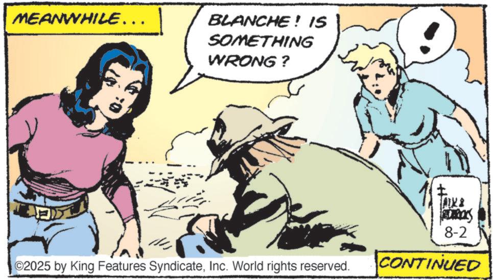 Fictional character OCR: MEANWHILE... BLANCHE! IS SOMETHING WRONG? ? ADARIOUS 8-2 ©2025 by King Features SyndicateInc. World rights reserved. CONTINUED MEANWHILE ... BLANCHE ! IS SOMETHING WRONG ? ? ADARIOUS 8-2 © 2025 by King Features SyndicateInc. World rights reserved . CONTINUED