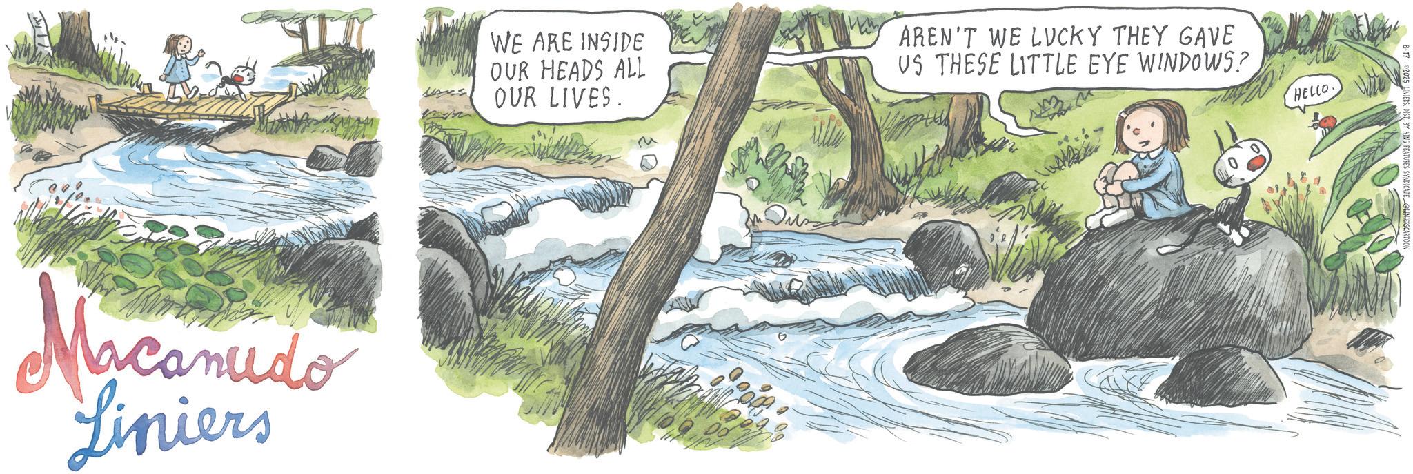 Mountain river OCR: Macanudo Liniers WE ARE INSIDE OUR HEADS ALL OUR LIVES. AREN'T WE LUCKY THEY GAVE US THESE LITTLE EYE WINDOWS? HELLO Macanudo Liniers WE ARE INSIDE OUR HEADS ALL OUR LIVES . AREN'T WE LUCKY THEY GAVE US THESE LITTLE EYE WINDOWS ? HELLO
