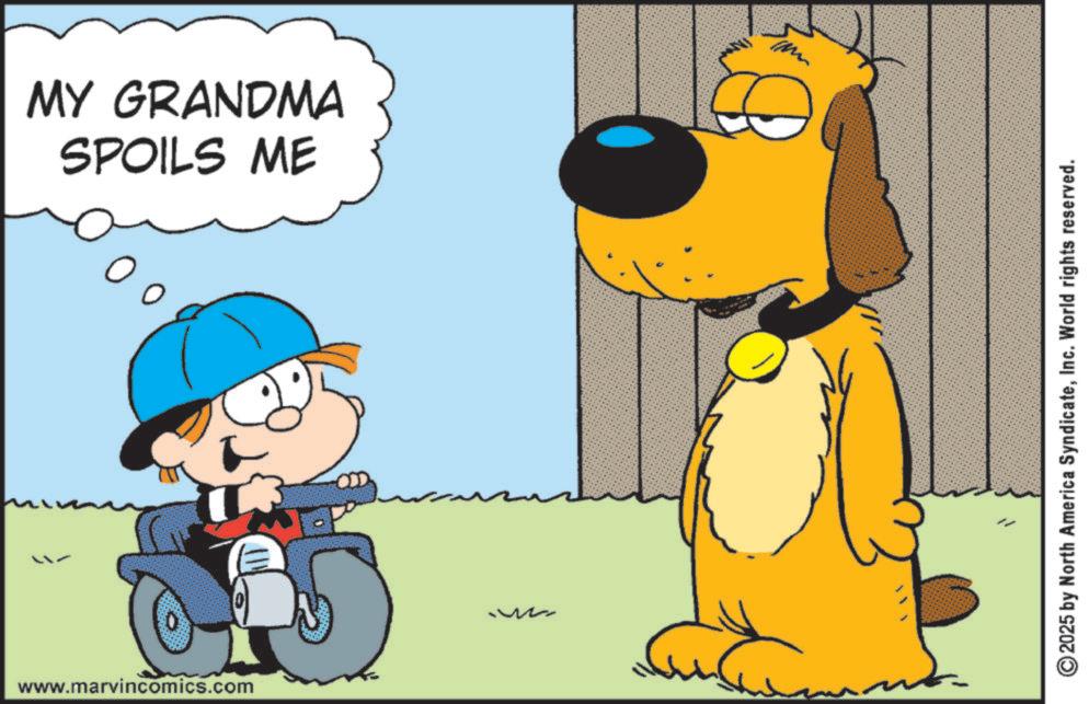 Clip art OCR: www.marvincomics.com SPOILS ME MY GRANDMA 2025 by North America SyndicateInc. World rights reserved. www.marvincomics.com SPOILS ME MY GRANDMA 2025 by North America SyndicateInc. World rights reserved .