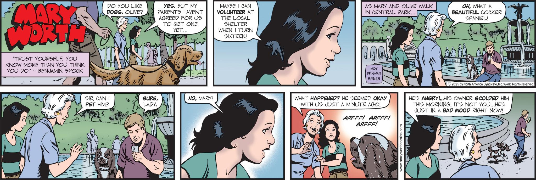 Publication OCR: MARY WORTH "TRUST YOURSELFYOU KNOW MORE THAN YOU THINK YOU DO." - BENJAMIN SPOCK DO YOU LIKE DOGSOLIVE? YESBUT MY PARENTS HAVEN'T AGREED FOR US TO GET ONE YET... MAYBE I CAN VOLUNTEER AT THE LOCAL SHELTER WHEN I TURN SIXTEEN! AS MARY AND OLIVE WALK IN CENTRAL PARK... ea MOY BRIGMAN 8/3/25 OHWHAT A BEAUTIFUL COCKER SPANIEL! SIRCAN I M PET HIM? SURELADY. NOMARY! WHAT HAPPENED? HE SEEMED OKAY WITH US JUST A MINUTE AGO! HE'S ANGRY!...HIS OWNER SCOLDED HIM THIS MORNING! IT'S NOT YOU...HE'S JUST IN A BAD MOOD RIGHT NOW! W ARFFF! ARFFF! ARFFF! www.maryworthcomics.com 2025 by North America SyndicateInc. World Rights reserved. MARY WORTH " TRUST YOURSELFYOU KNOW MORE THAN YOU THINK YOU DO . " - BENJAMIN SPOCK DO YOU LIKE DOGSOLIVE ? YESBUT MY PARENTS HAVEN'T AGREED FOR US TO GET ONE YET ... MAYBE I CAN VOLUNTEER AT THE LOCAL SHELTER WHEN I TURN SIXTEEN ! AS MARY AND OLIVE WALK IN CENTRAL PARK ... ea MOY BRIGMAN 8/3/25 OHWHAT A BEAUTIFUL COCKER SPANIEL ! SIRCAN I M PET HIM ? SURELADY . NOMARY ! WHAT HAPPENED ? HE SEEMED OKAY WITH US JUST A MINUTE AGO ! HE'S ANGRY ! ... HIS OWNER SCOLDED HIM THIS MORNING ! IT'S NOT YOU ... HE'S JUST IN A BAD MOOD RIGHT NOW ! W ARFFF ! ARFFF ! ARFFF ! www.maryworthcomics.com 2025 by North America SyndicateInc. World Rights reserved .