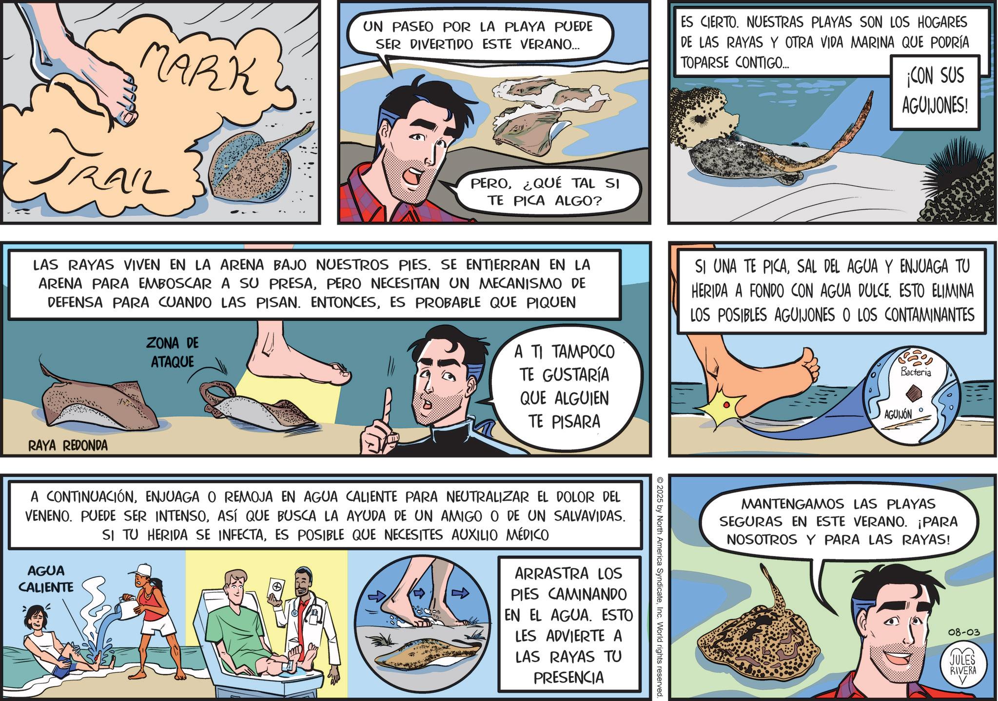 Publication OCR: MARK RAIL UN PASEO POR LA PLAYA PUEDE SER DIVERTIDO ESTE VERANO... PERO¿QUE TAL SI TE PICA ALGO? ES CIERTO. NUESTRAS PLAYAS SON LOS HOGARES DE LAS RAYAS Y OTRA VIDA MARINA QUE PODRÍA TOPARSE CONTIGO... ¡CON SUS AGUIJONES! LAS RAYAS VIVEN EN LA ARENA BAJO NUESTROS PIES. SE ENTIERRAN EN LA ARENA PARA EMBOSCAR A SU PRESAPERO NECESITAN UN MECANISMO DE DEFENSA PARA CUANDO LAS PISAN. ENTONCESES PROBABLE QUE PIQUEN ZONA DE ATAQUE A TI TAMPOCO TE GUSTARÍA QUE ALGUIEN TE PISARA SI UNA TE PICASAL DEL AGUA Y ENJUAGA TU HERIDA A FONDO CON AGUA DULCEESTO ELIMINA LOS POSIBLES AGUIJONES O LOS CONTAMINANTES Bacteria AGUIJON RAYA REDONDA 2025 by North America SyndicateInc. World rights reserved. A CONTINUACIÓNENJUAGA O REMOJA EN AGUA CALIENTE PARA NEUTRALIZAR EL DOLOR DEL VENENO. PUEDE SER INTENSOASÍ QUE BUSCA LA AYUDA DE UN AMIGO O DE UN SALVAVIDAS. SI TU HERIDA SE INFECTAES POSIBLE QUE NECESITES AUXILIO MÉDICO AGUA CALIENTE = ARRASTRA LOS PIES CAMINANDO EN EL AGUA. ESTO LES ADVIERTE A LAS RAYAS TU PRESENCIA MANTENGAMOS LAS PLAYAS SEGURAS EN ESTE VERANO. ¡PARA NOSOTROS Y PARA LAS RAYAS! 08-03 JULES RIVERA MARK RAIL UN PASEO POR LA PLAYA PUEDE SER DIVERTIDO ESTE VERANO ... PERO¿ QUE TAL SI TE PICA ALGO ? ES CIERTO . NUESTRAS PLAYAS SON LOS HOGARES DE LAS RAYAS Y OTRA VIDA MARINA QUE PODRÍA TOPARSE CONTIGO ... ¡ CON SUS AGUIJONES ! LAS RAYAS VIVEN EN LA ARENA BAJO NUESTROS PIES . SE ENTIERRAN EN LA ARENA PARA EMBOSCAR A SU PRESAPERO NECESITAN UN MECANISMO DE DEFENSA PARA CUANDO LAS PISAN . ENTONCESES PROBABLE QUE PIQUEN ZONA DE ATAQUE A TI TAMPOCO TE GUSTARÍA QUE ALGUIEN TE PISARA SI UNA TE PICASAL DEL AGUA Y ENJUAGA TU HERIDA A FONDO CON AGUA DULCEESTO ELIMINA LOS POSIBLES AGUIJONES O LOS CONTAMINANTES Bacteria AGUIJON RAYA REDONDA 2025 by North America SyndicateInc. World rights reserved . A CONTINUACIÓNENJUAGA O REMOJA EN AGUA CALIENTE PARA NEUTRALIZAR EL DOLOR DEL VENENO . PUEDE SER INTENSOASÍ QUE BUSCA LA AYUDA DE UN AMIGO O DE UN SALVAVIDAS . SI TU HERIDA SE INFECTAES POSIBLE QUE NECESITES AUXILIO MÉDICO AGUA CALIENTE = ARRASTRA LOS PIES CAMINANDO EN EL AGUA . ESTO LES ADVIERTE A LAS RAYAS TU PRESENCIA MANTENGAMOS LAS PLAYAS SEGURAS EN ESTE VERANO . ¡ PARA NOSOTROS Y PARA LAS RAYAS ! 08-03 JULES RIVERA