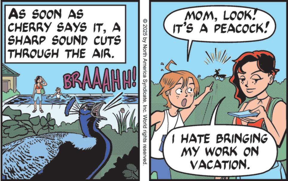 Animation OCR: AS SOON AS CHERRY SAYS ITA SHARP SOUND CUTS THROUGH THE AIR. BRAAAHH! MOMLOOK! IT'S A PEACOCK! © 2025 by North America SyndicateInc. World rights reserved. I HATE BRINGING MY WORK ON VACATION. AS SOON AS CHERRY SAYS ITA SHARP SOUND CUTS THROUGH THE AIR . BRAAAHH ! MOMLOOK ! IT'S A PEACOCK ! © 2025 by North America SyndicateInc. World rights reserved . I HATE BRINGING MY WORK ON VACATION .