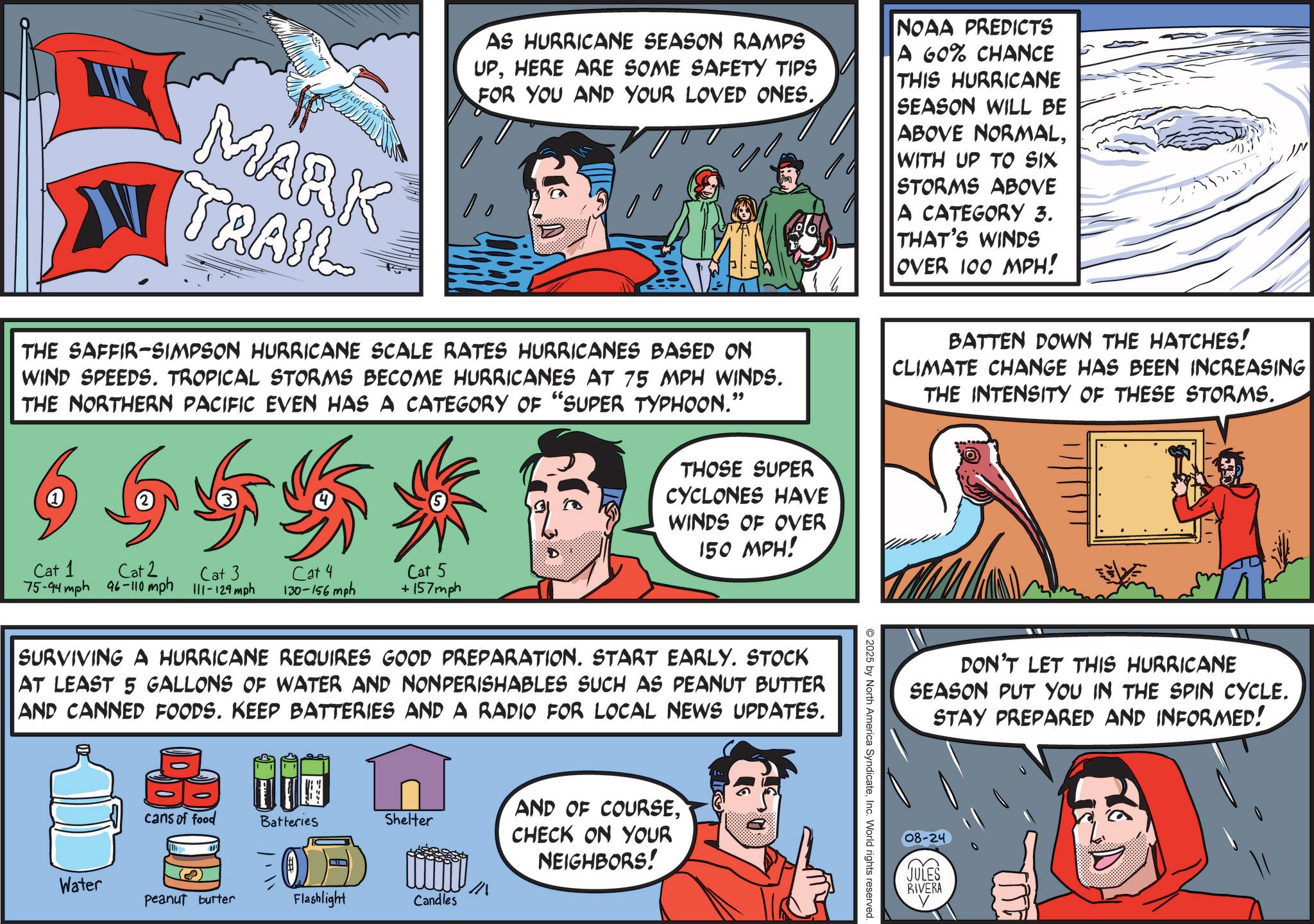 Animated cartoon OCR: MARK TRAIL AS HURRICANE SEASON RAMPS UPHERE ARE SOME SAFETY TIPS FOR YOU AND YOUR LOVED ONES. THE SAFFIR-SIMPSON HURRICANE SCALE RATES HURRICANES BASED ON WIND SPEEDS. TROPICAL STORMS BECOME HURRICANES AT 75 MPH WINDS. THE NORTHERN PACIFIC EVEN HAS A CATEGORY OF "SUPER TYPHOON.” 6555 THOSE SUPER CYCLONES HAVE WINDS OF OVER 150 MPH! NOAA PREDICTS A 60% CHANCE THIS HURRICANE SEASON WILL BE ABOVE NORMALWITH UP TO SIX STORMS ABOVE A CATEGORY 3. THAT'S WINDS OVER 100 MPH! BATTEN DOWN THE HATCHES! CLIMATE CHANGE HAS BEEN INCREASING THE INTENSITY OF THESE STORMS. Cat 1 Cat 2 Cat 3 75-94 mph 96-110 mph 111-129 mph Cat 4 130-156 mph Cat 5 +157mph SURVIVING A HURRICANE REQUIRES GOOD PREPARATION. START EARLY. STOCK AT LEAST 5 GALLONS OF WATER AND NONPERISHABLES SUCH AS PEANUT BUTTER AND CANNED FOODS. KEEP BATTERIES AND A RADIO FOR LOCAL NEWS UPDATES. cans of food Batteries Shelter Water peanut butter Flashlight Candles AND OF COURSECHECK ON YOUR NEIGHBORS! 2025 by North America SyndicateInc. World rights reserved DON'T LET THIS HURRICANE SEASON PUT YOU IN THE SPIN CYCLE. STAY PREPARED AND INFORMED! 08-24 E JULES RIVERA MARK TRAIL AS HURRICANE SEASON RAMPS UPHERE ARE SOME SAFETY TIPS FOR YOU AND YOUR LOVED ONES . THE SAFFIR - SIMPSON HURRICANE SCALE RATES HURRICANES BASED ON WIND SPEEDS . TROPICAL STORMS BECOME HURRICANES AT 75 MPH WINDS . THE NORTHERN PACIFIC EVEN HAS A CATEGORY OF " SUPER TYPHOON . ” 6555 THOSE SUPER CYCLONES HAVE WINDS OF OVER 150 MPH ! NOAA PREDICTS A 60 % CHANCE THIS HURRICANE SEASON WILL BE ABOVE NORMALWITH UP TO SIX STORMS ABOVE A CATEGORY 3 . THAT'S WINDS OVER 100 MPH ! BATTEN DOWN THE HATCHES ! CLIMATE CHANGE HAS BEEN INCREASING THE INTENSITY OF THESE STORMS . Cat 1 Cat 2 Cat 3 75-94 mph 96-110 mph 111-129 mph Cat 4 130-156 mph Cat 5 + 157mph SURVIVING A HURRICANE REQUIRES GOOD PREPARATION . START EARLY . STOCK AT LEAST 5 GALLONS OF WATER AND NONPERISHABLES SUCH AS PEANUT BUTTER AND CANNED FOODS . KEEP BATTERIES AND A RADIO FOR LOCAL NEWS UPDATES . cans of food Batteries Shelter Water peanut butter Flashlight Candles AND OF COURSECHECK ON YOUR NEIGHBORS ! 2025 by North America SyndicateInc. World rights reserved DON'T LET THIS HURRICANE SEASON PUT YOU IN THE SPIN CYCLE . STAY PREPARED AND INFORMED ! 08-24 E JULES RIVERA