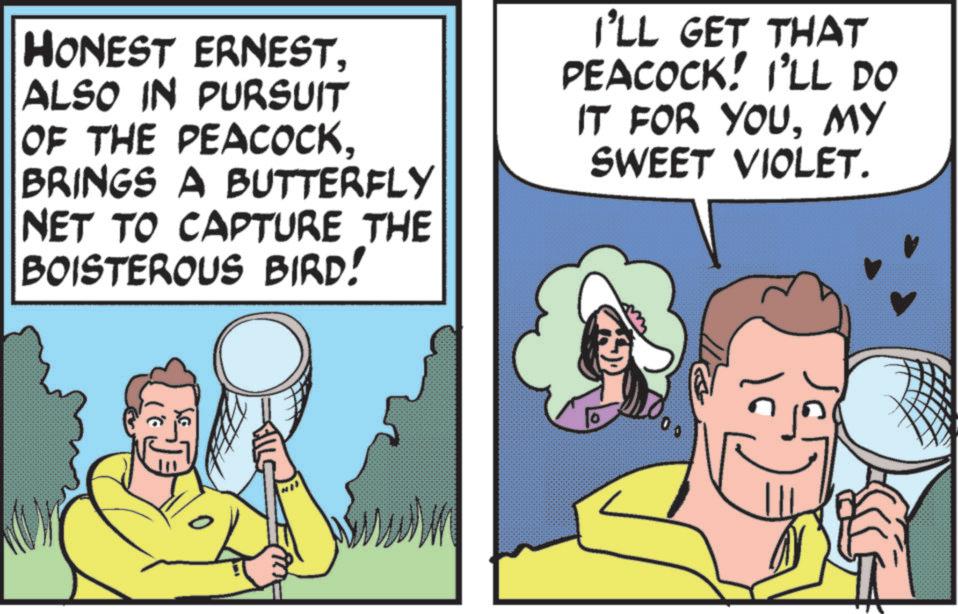 Happiness OCR: HONEST ERNESTALSO IN PURSUIT OF THE PEACOCKBRINGS A BUTTERFLY NET TO CAPTURE THE BOISTEROUS BIRD! I'LL GET THAT PEACOCK! I'LL DO IT FOR YOUMY SWEET VIOLET. 00 HONEST ERNESTALSO IN PURSUIT OF THE PEACOCKBRINGS A BUTTERFLY NET TO CAPTURE THE BOISTEROUS BIRD ! I'LL GET THAT PEACOCK ! I'LL DO IT FOR YOUMY SWEET VIOLET . 00