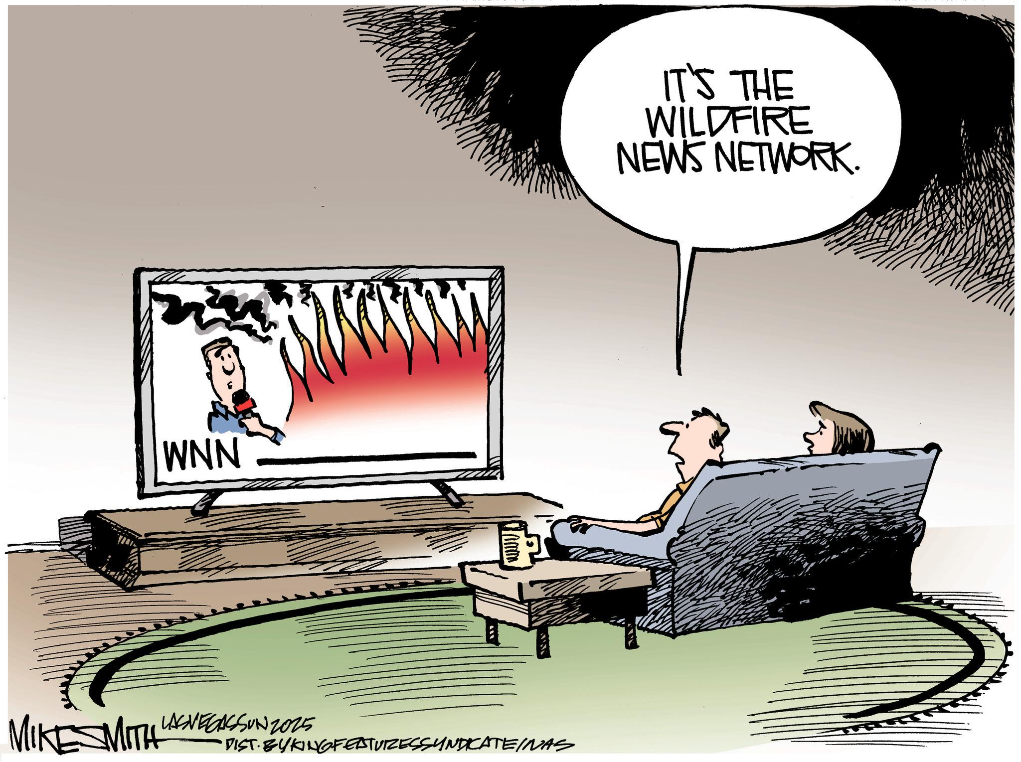 Fictional character OCR: WNN MIKESMITH LITH LASVEGASSUN 2025 •DIST. BYKING FEATURESSYNDICATEINAS IT'S THE WILDFIRE NEWS NETWORK. WNN MIKESMITH LITH LASVEGASSUN 2025 • DIST . BYKING FEATURESSYNDICATEINAS IT'S THE WILDFIRE NEWS NETWORK .