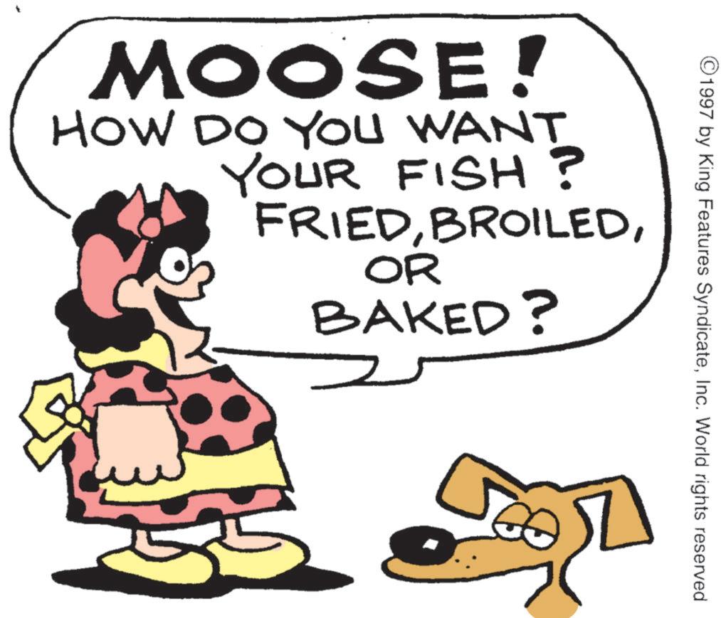 Photo caption OCR: ©1997 by King Features SyndicateInc. World rights reserved. MOOSE! HOW DO YOU WANT YOUR FISH? FRIEDOR BAKED? © 1997 by King Features SyndicateInc. World rights reserved . MOOSE ! HOW DO YOU WANT YOUR FISH ? FRIEDOR BAKED ?