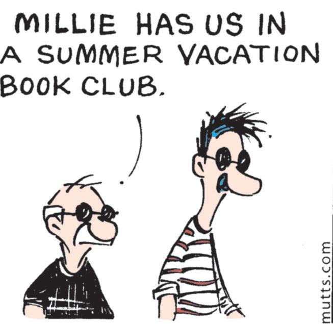 Line art OCR: MILLIE HAS US IN A SUMMER VACATION BOOK CLUB. mutts.com MILLIE HAS US IN A SUMMER VACATION BOOK CLUB . mutts.com