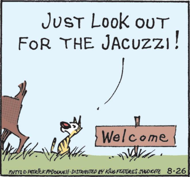 Photo caption OCR: 4 " JUST LOOK OUT FOR THE JACUZZI! Welcome MUTTS & PATRICK MCDONNELL DISTRIBUTED BY KING FEATURES SYNDICATE 8.26 4 " JUST LOOK OUT FOR THE JACUZZI ! Welcome MUTTS & PATRICK MCDONNELL DISTRIBUTED BY KING FEATURES SYNDICATE 8.26