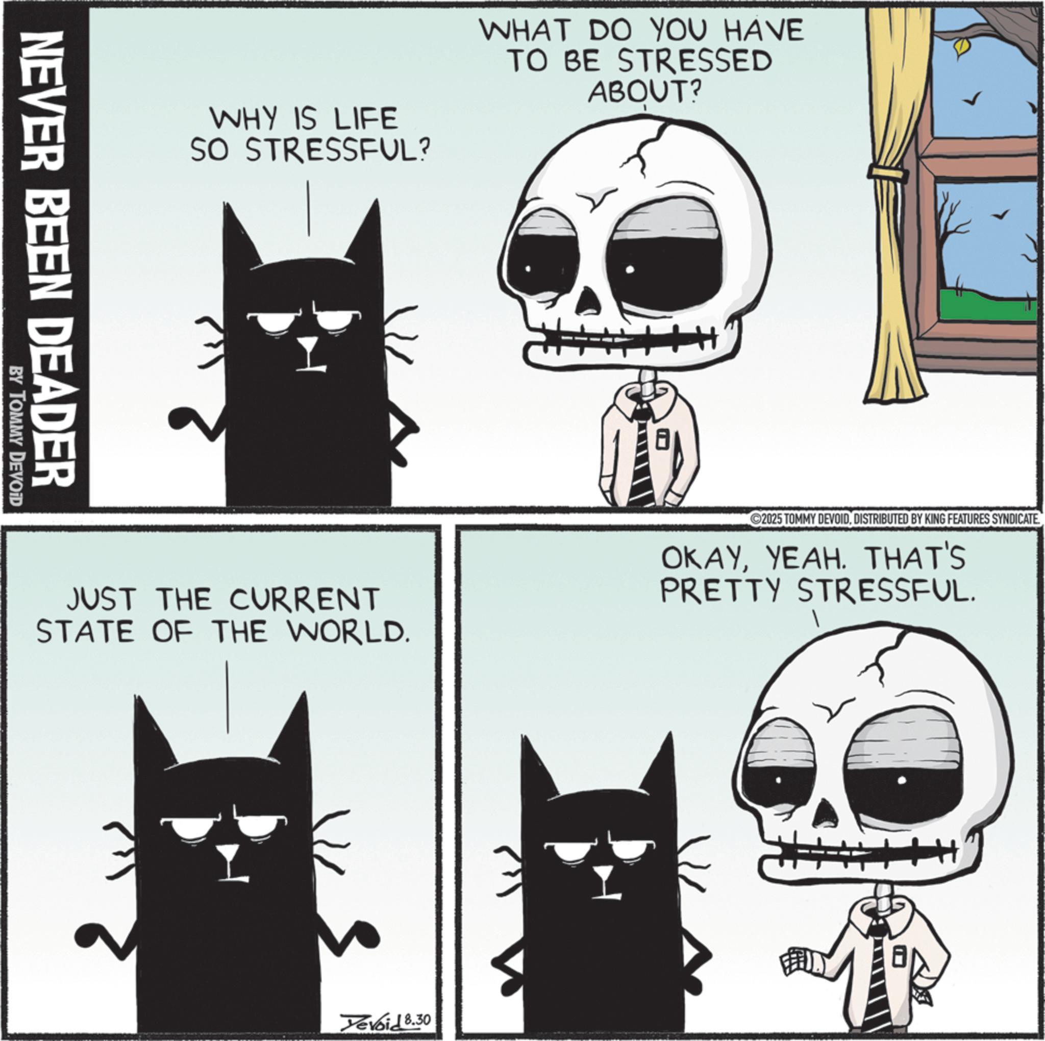 Fiction OCR: WHY IS LIFE SO STRESSFUL? WHAT DO YOU HAVE TO BE STRESSED ABOUT? NEVER BEEN DEADER BY TOMMY DEVOID JUST THE CURRENT STATE OF THE WORLD. 2025 TOMMY DEVOIDDISTRIBUTED BY KING FEATURES SYNDICATE OKAYYEAH. THAT'S PRETTY STRESSFUL. Yevoid 8.30 WHY IS LIFE SO STRESSFUL ? WHAT DO YOU HAVE TO BE STRESSED ABOUT ? NEVER BEEN DEADER BY TOMMY DEVOID JUST THE CURRENT STATE OF THE WORLD . 2025 TOMMY DEVOIDDISTRIBUTED BY KING FEATURES SYNDICATE OKAYYEAH . THAT'S PRETTY STRESSFUL . Yevoid 8.30